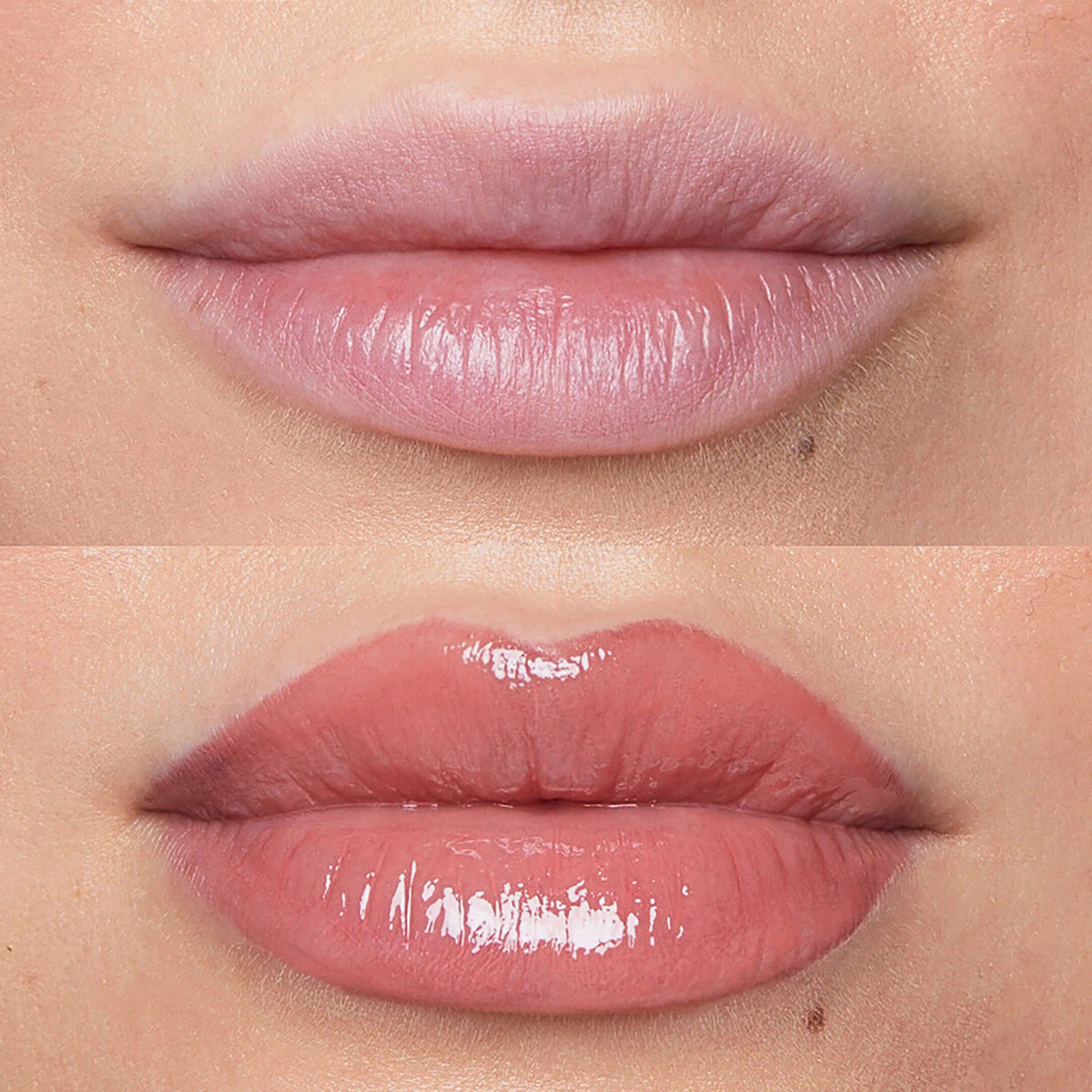 Nahaufnahme der Lippen vor und nach der Anwendung des Plumpy Lip Gloss; nachher deutlich voller und farbintensiver.