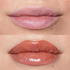 Nahaufnahme der Lippen vor und nach der Anwendung des Plumpy Lip Gloss; nachher deutlich voller und farbintensiver.