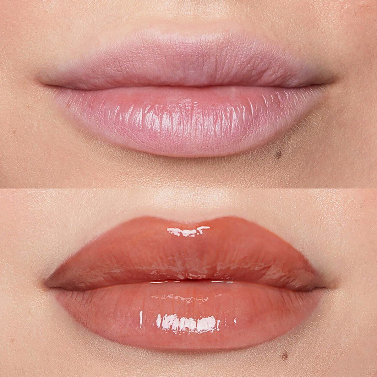 Nahaufnahme der Lippen vor und nach der Anwendung des Plumpy Lip Gloss; nachher deutlich voller und farbintensiver.