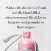 Shampoo & Conditioner-Duo-Pack mit einer rosafarbenen HAIRBURST-Flasche und Lotion daneben; darüber Text zu Produktvorteilen.