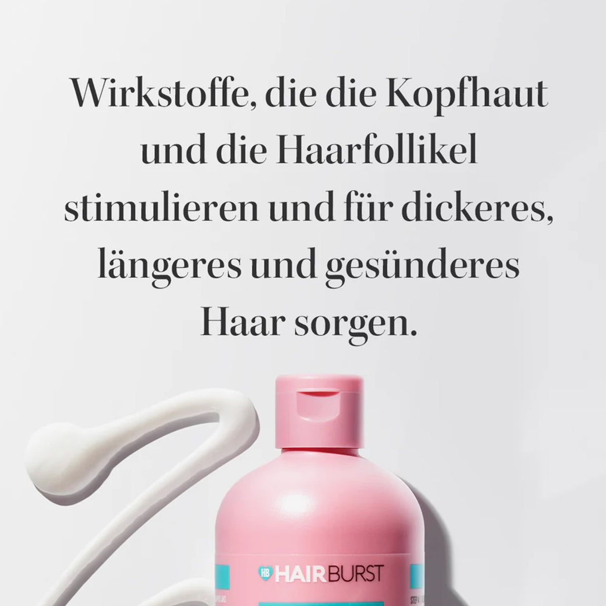 Shampoo & Conditioner-Duo-Pack mit einer rosafarbenen HAIRBURST-Flasche und Lotion daneben; darüber Text zu Produktvorteilen.