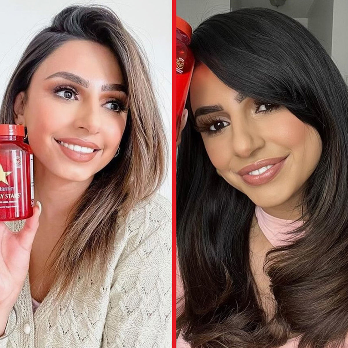 Vorher-Nachher-Bild einer lächelnden Frau; nach Anwendung des Gorgeous Growth Bundles deutlich volleres und gesünderes Haar.