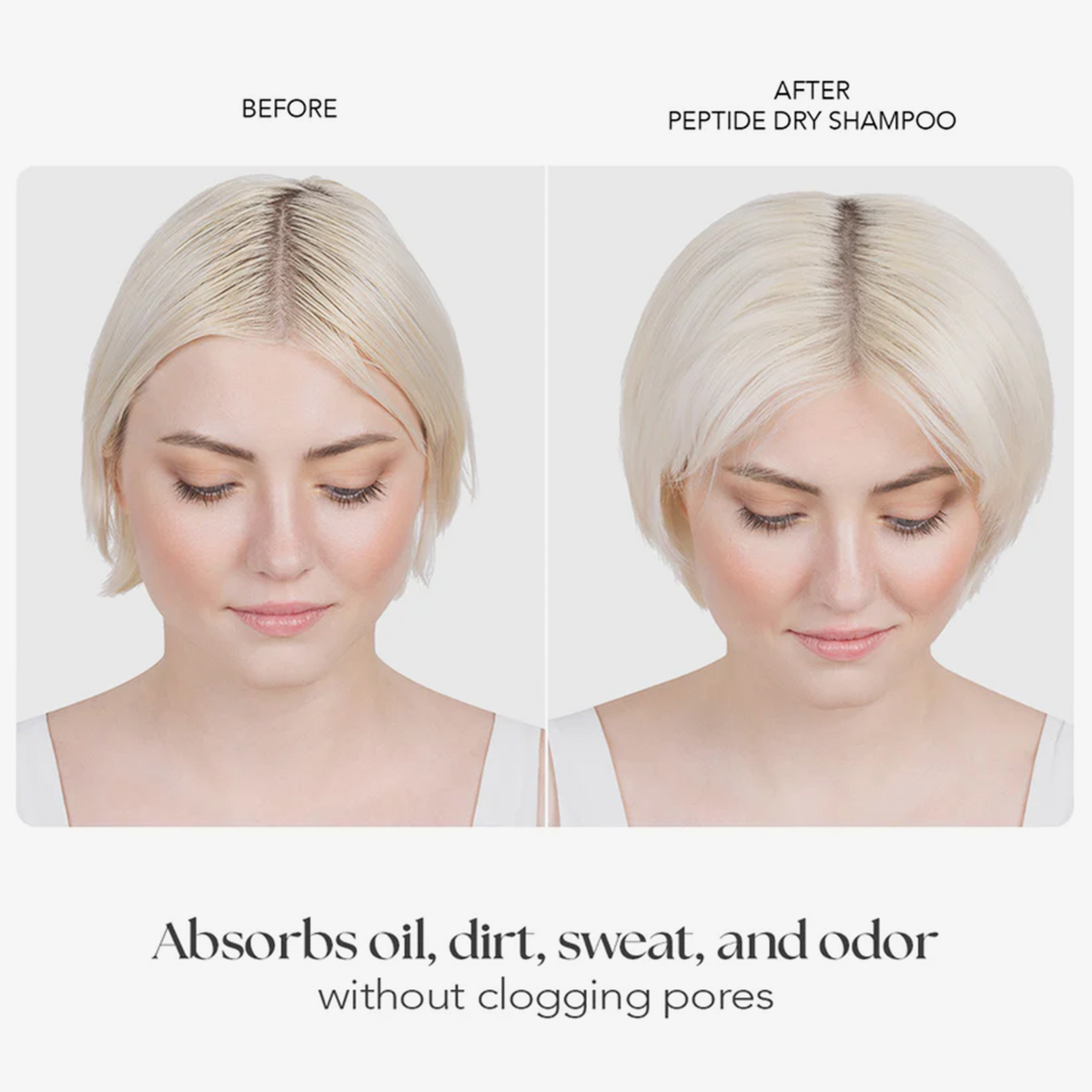 Frau in zwei nebeneinander gestellten Fotos – links „vor“ und rechts „nach“ der Anwendung des Peptide Dry Shampoo – danach mit sichtbar frischerem, weniger fettigem Haar.