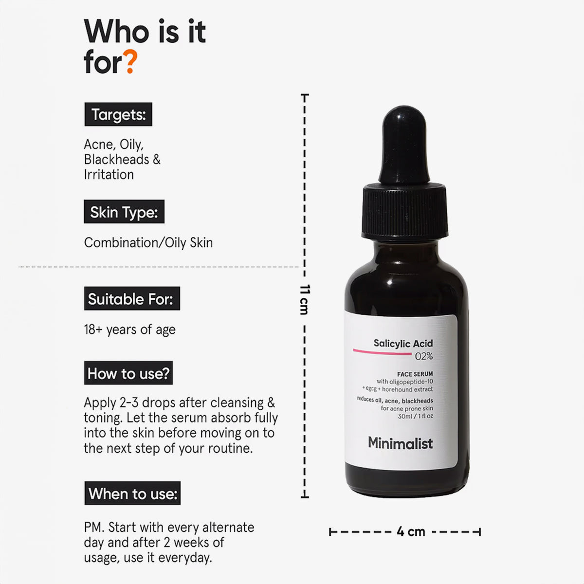 Minimalist Salicylic Acid 2 % Serum ür fettige Haut und Akne, reduziert Mitesser; abends anwenden, geeignet ab 18 Jahren, Flaschengröße ca. 11 × 4 cm.