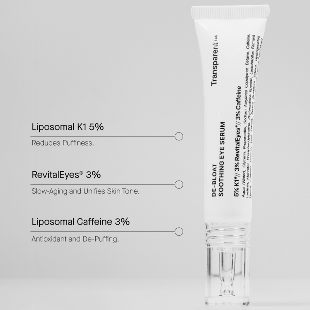 Weiße Tube De-Bloat Soothing Eye Serum mit den Inhaltsstoffen Liposomal K1, RevitalEyes und liposomalem Koffein.