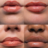 Vier Nahaufnahmen von Lippen mit Lipgloss in Terrakotta-Nuance – gezeigt auf verschiedenen Hauttönen, alle mit glänzendem Finish.