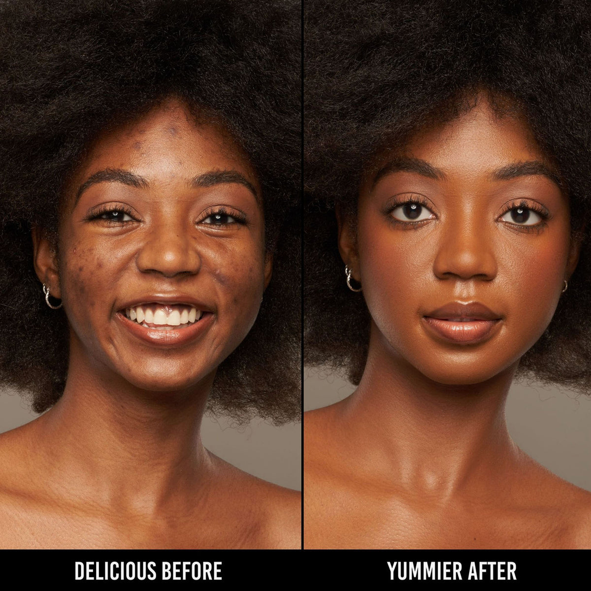 Vorher-Nachher-Bild einer Frau mit dunklem Hautton nach Anwendung der Yummy Skin Serum Foundation 20W – sichtbar ebenmäßiger Teint.