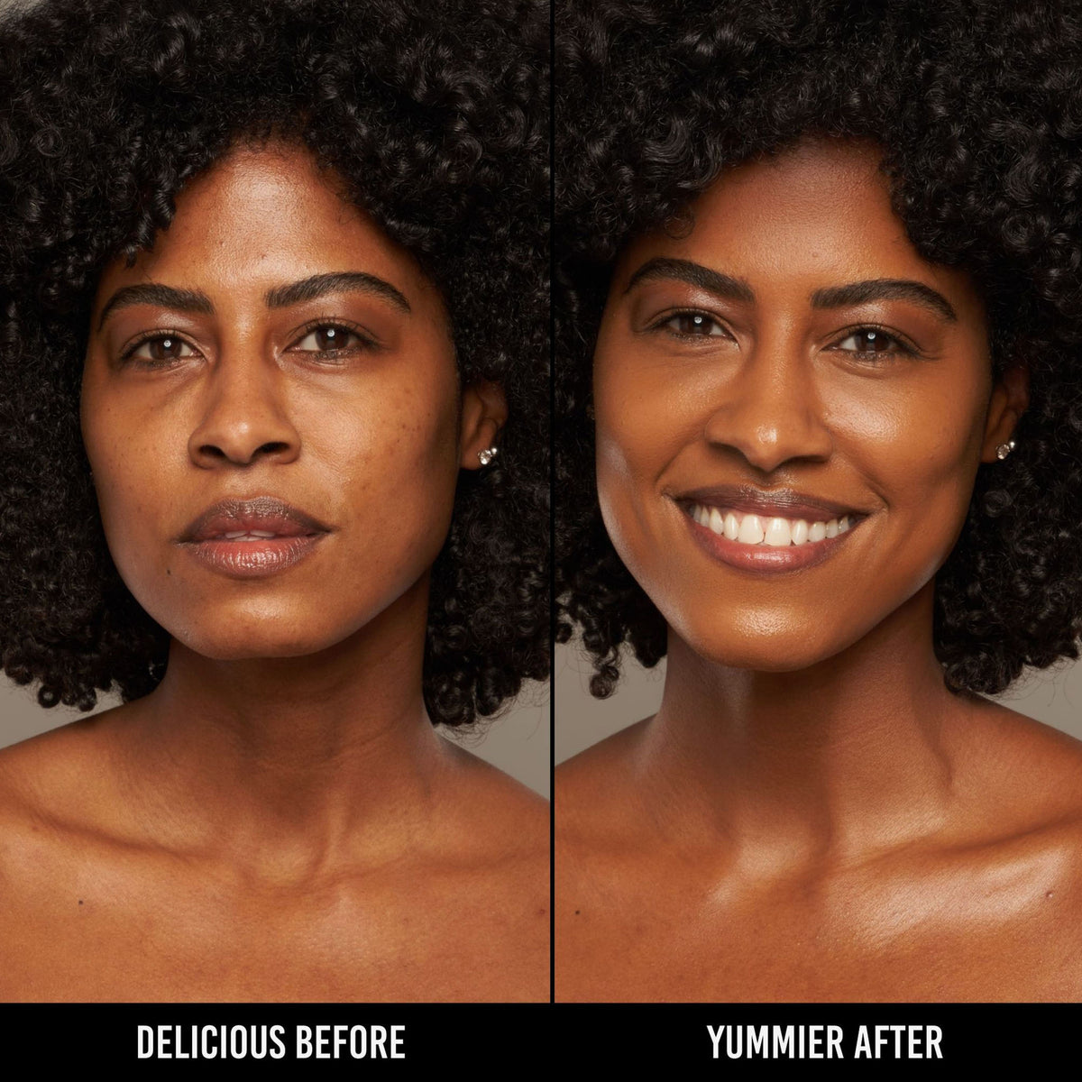 Vorher-Nachher-Bild einer Frau mit dunklem Hautton nach Anwendung der Yummy Skin Serum Foundation 17W – sichtbar ebenmäßiger Teint.