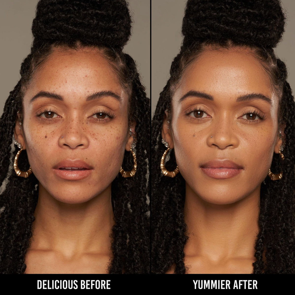 Vorher-Nachher-Bild einer Frau mit mittlerem Hautton nach Anwendung der Yummy Skin Serum Foundation 13N – sichtbar ebenmäßiger Teint.