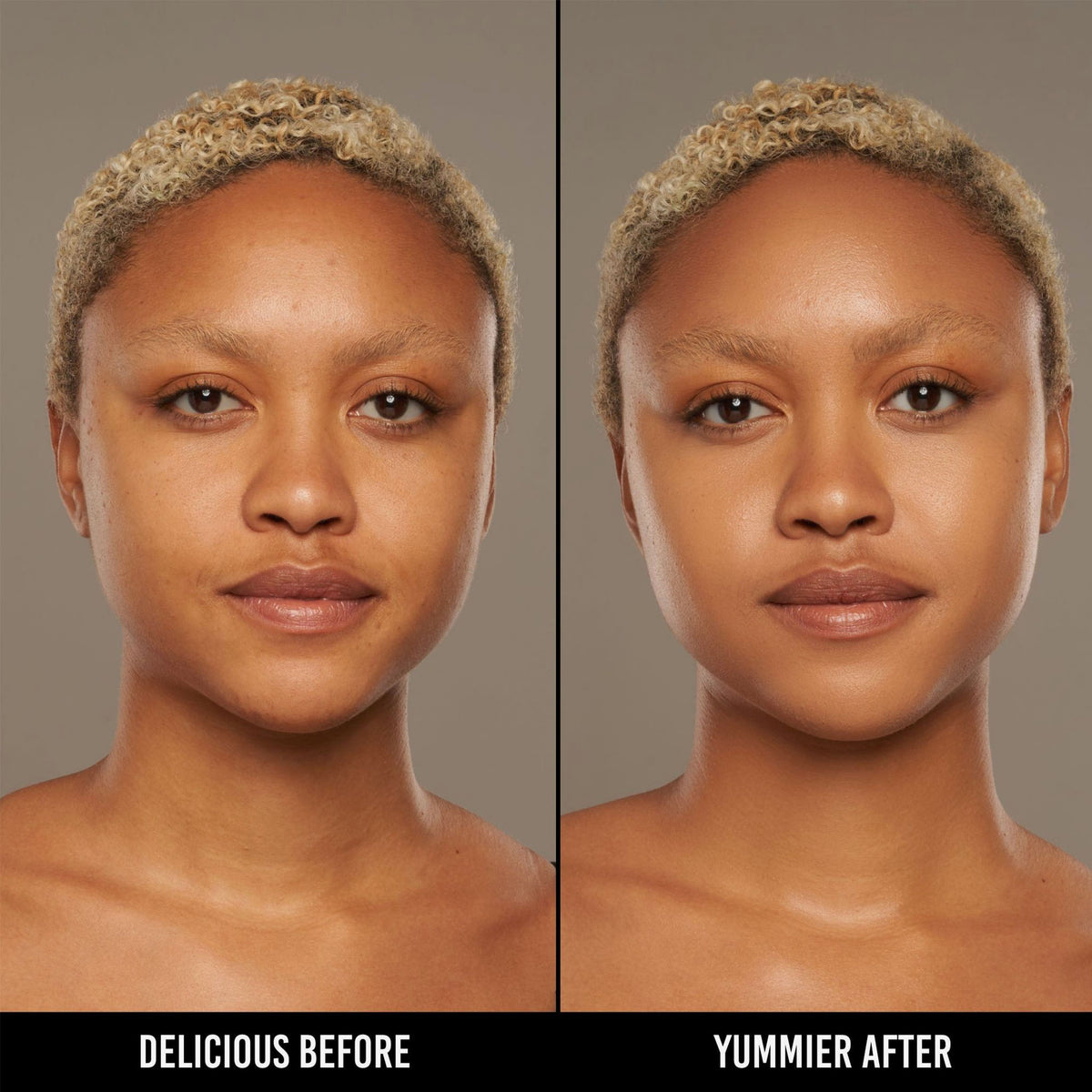 Vorher-Nachher-Bild einer Frau mit mittlerem Hautton nach Anwendung der Yummy Skin Serum Foundation 12P – sichtbar ebenmäßiger Teint.