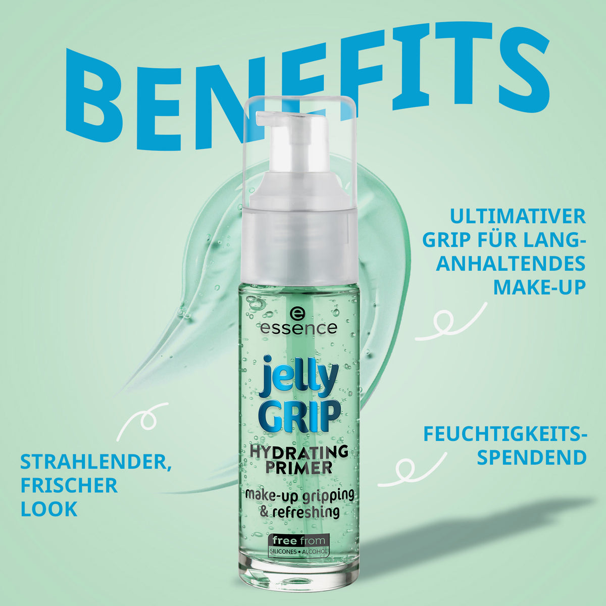 Eine Flasche Jelly GRIP HYDRATING PRIMER neben Produktvorteilen auf mintgrünem Hintergrund.