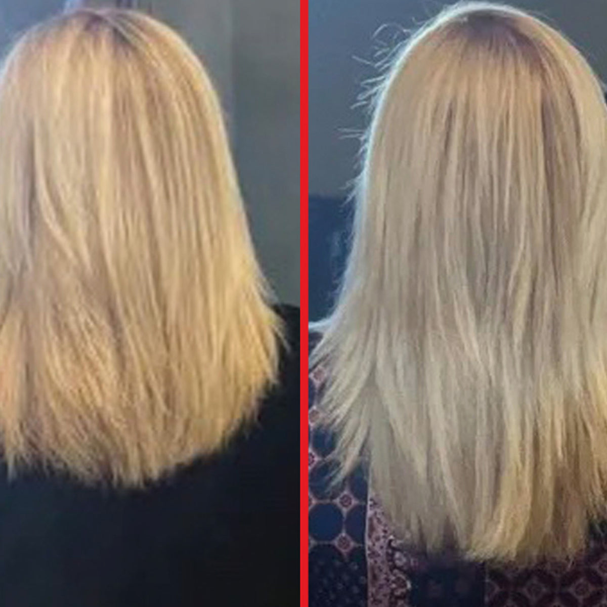 Vorher-Nachher-Bild von blondem Haar Haar; links kürzer und strohig, rechts ist es nach der Verwendung von Biotin Shampoo länger, glatter und weicher.