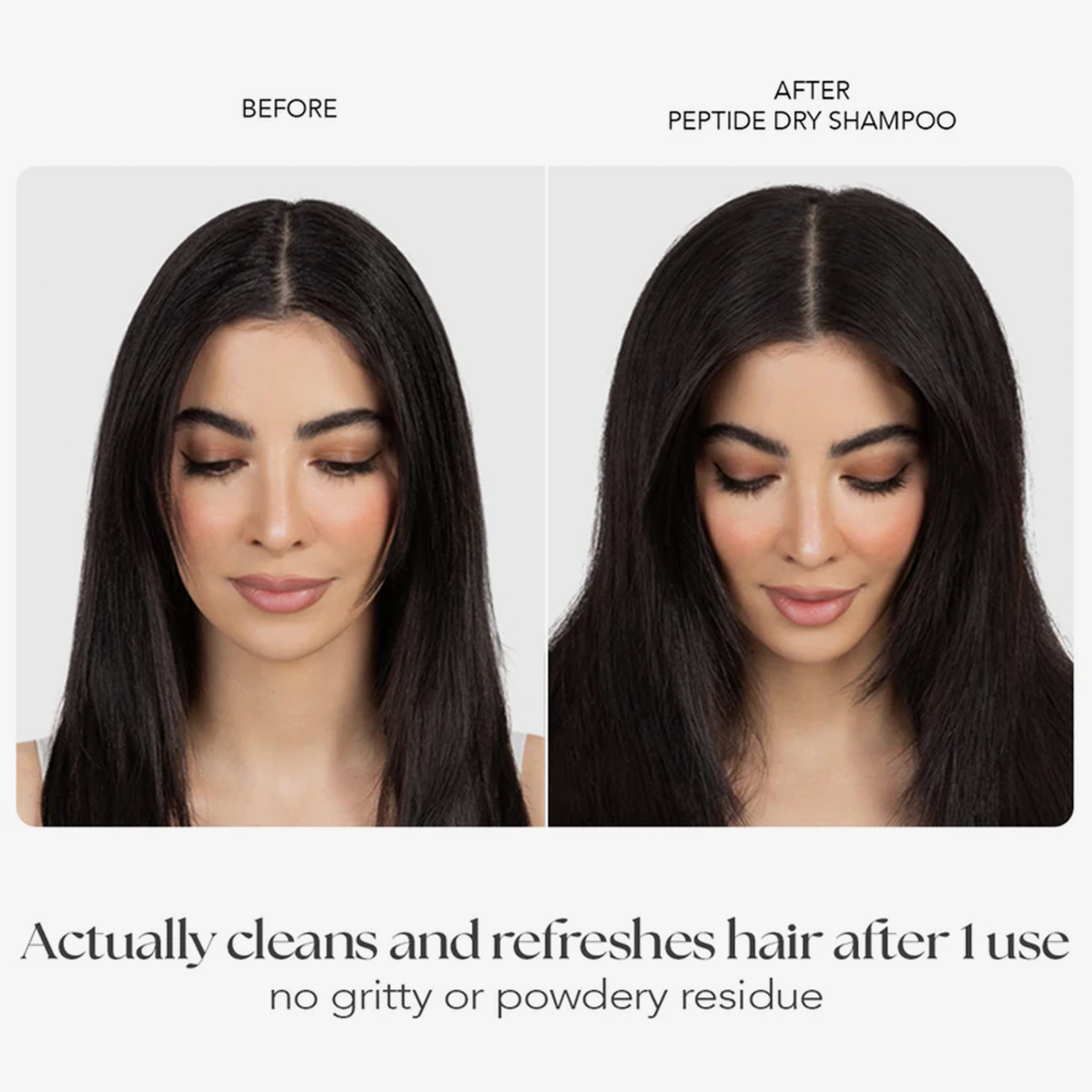 Frau in zwei nebeneinander gestellten Fotos – links „vor“ und rechts „nach“ der Anwendung des Peptide Dry Shampoo – danach mit sichtbar frischerem, weniger fettigem Haar.