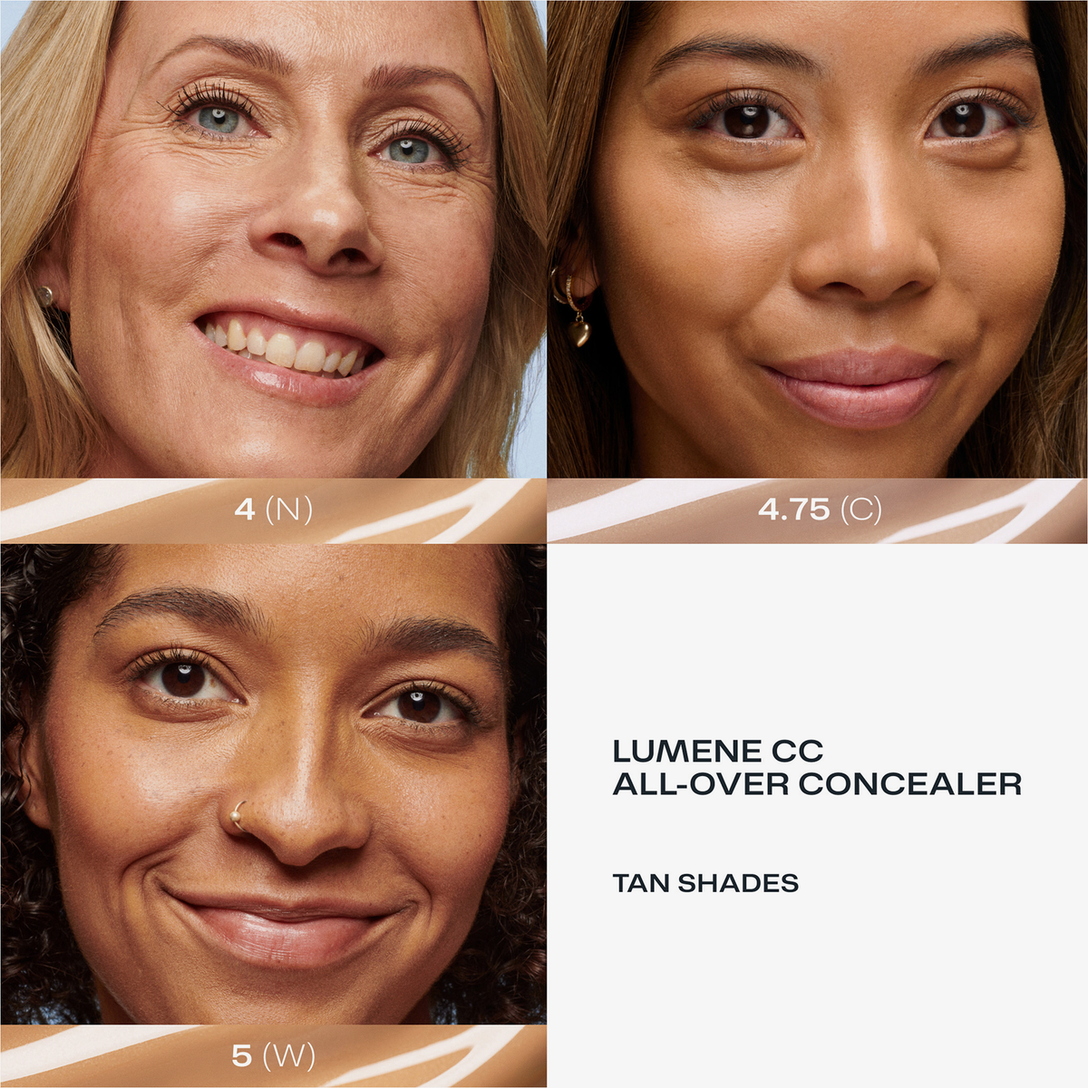 Drei Frauen mit unterschiedlichen Hauttönen werden jeweils einem Lumene CC All-Over Concealer Farbton zugeordnet: 4 (N), 5 (W) und 4,75 (C).