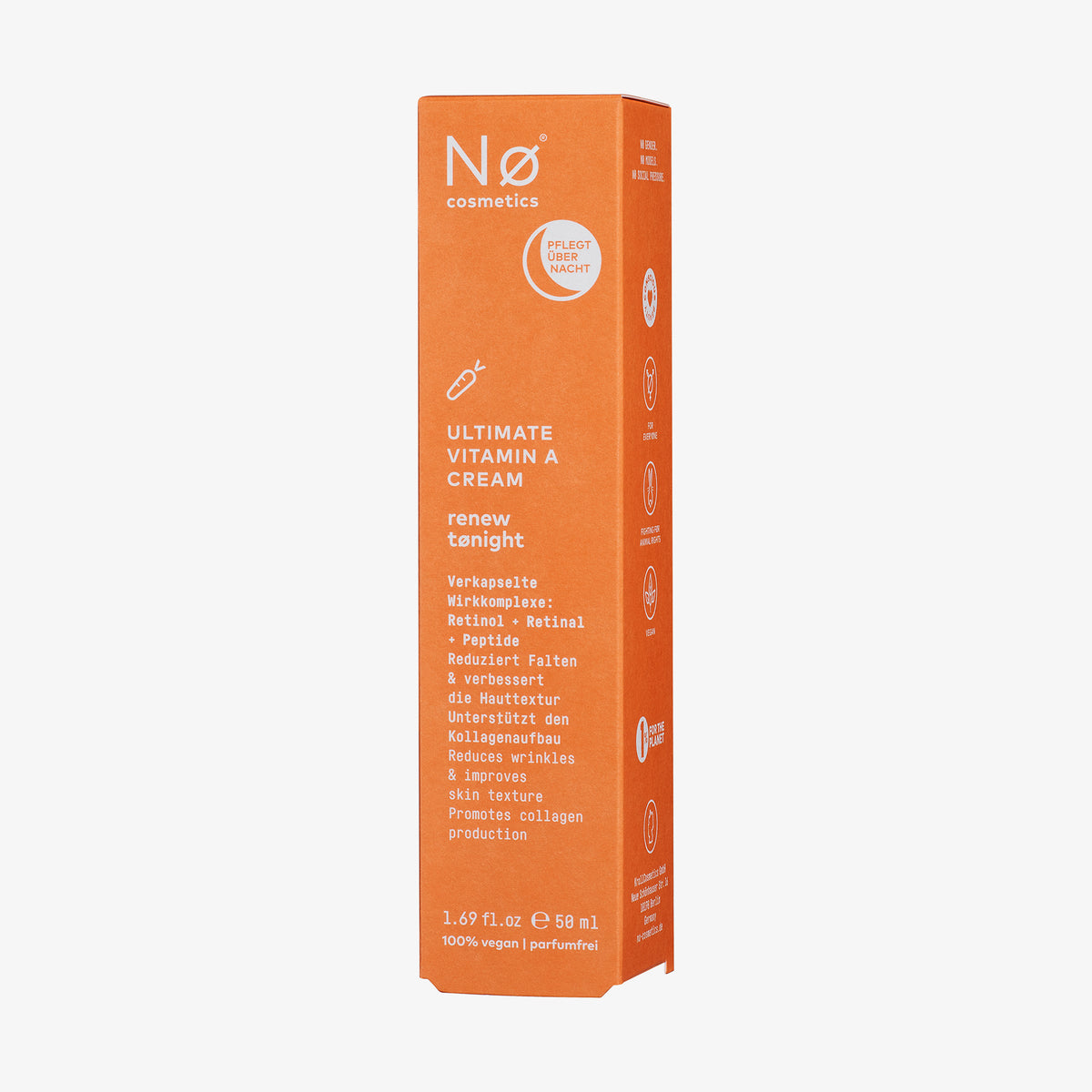 Orangefarbene Schachtel der renew tønight Ultimate Vitamin A Cream von Nø Cosmetics, die in weißer Schrift Produktdetails und -vorteile hervorhebt.