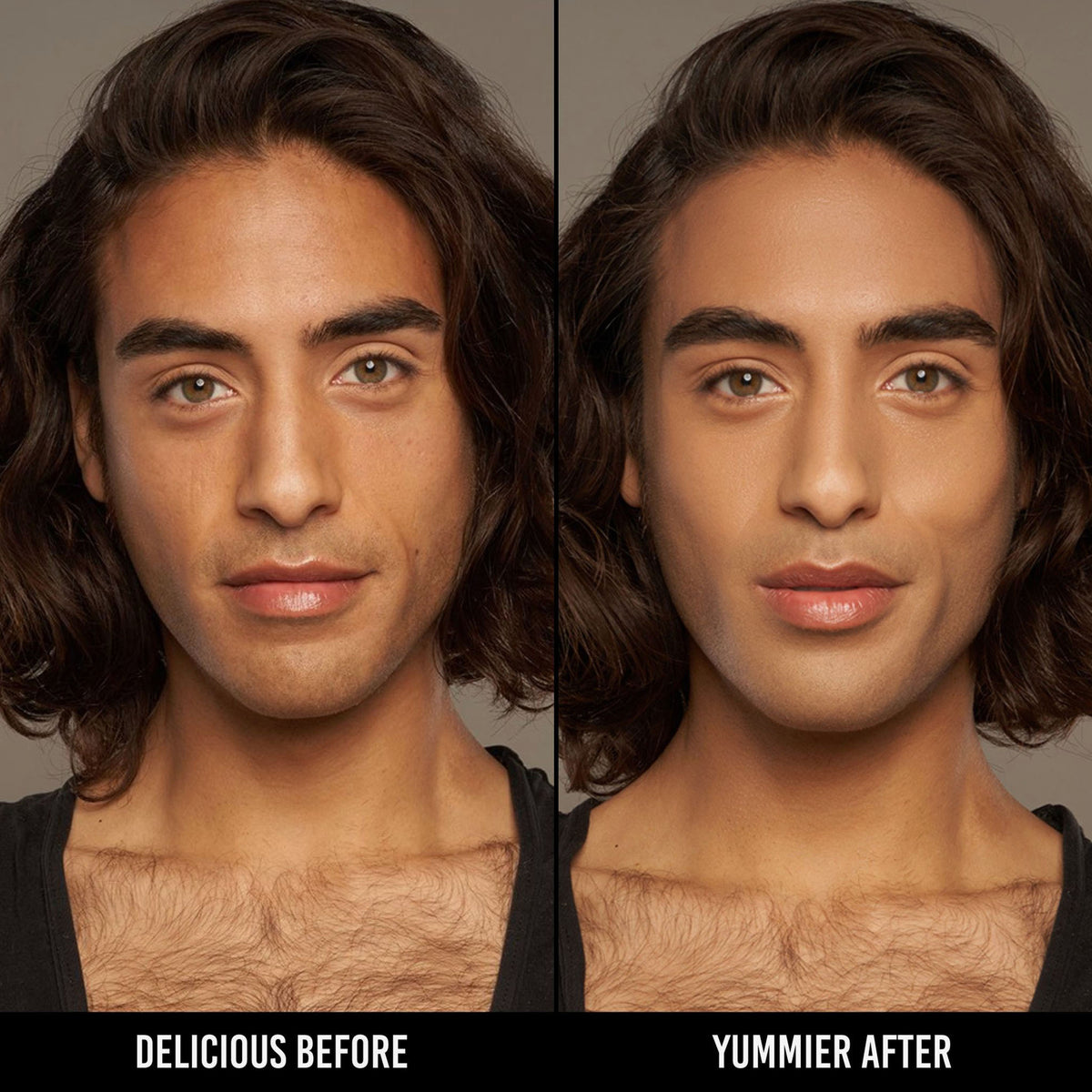 Vorher-Nachher-Bild eines Mannes mit mittlerem Hautton nach Anwendung der Yummy Skin Serum Foundation 11G – sichtbar ebenmäßiger Teint.