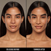 Vorher-Nachher-Bild einer Frau mit mittlerem Hautton nach Anwendung der Yummy Skin Serum Foundation 10G – sichtbar ebenmäßiger Teint.