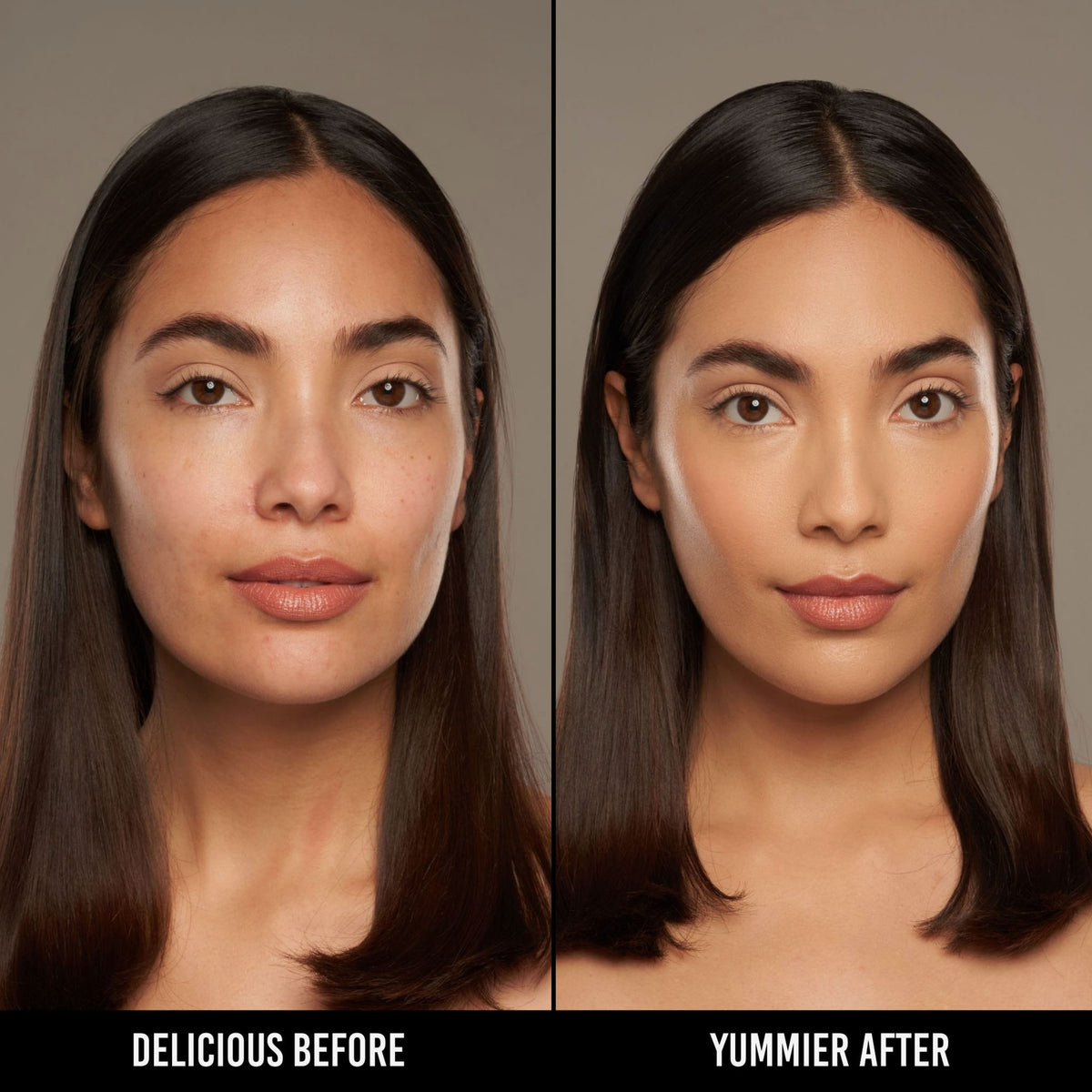 Vorher-Nachher-Bild einer Frau mit mittlerem Hautton nach Anwendung der Yummy Skin Serum Foundation 9N – sichtbar ebenmäßiger Teint.