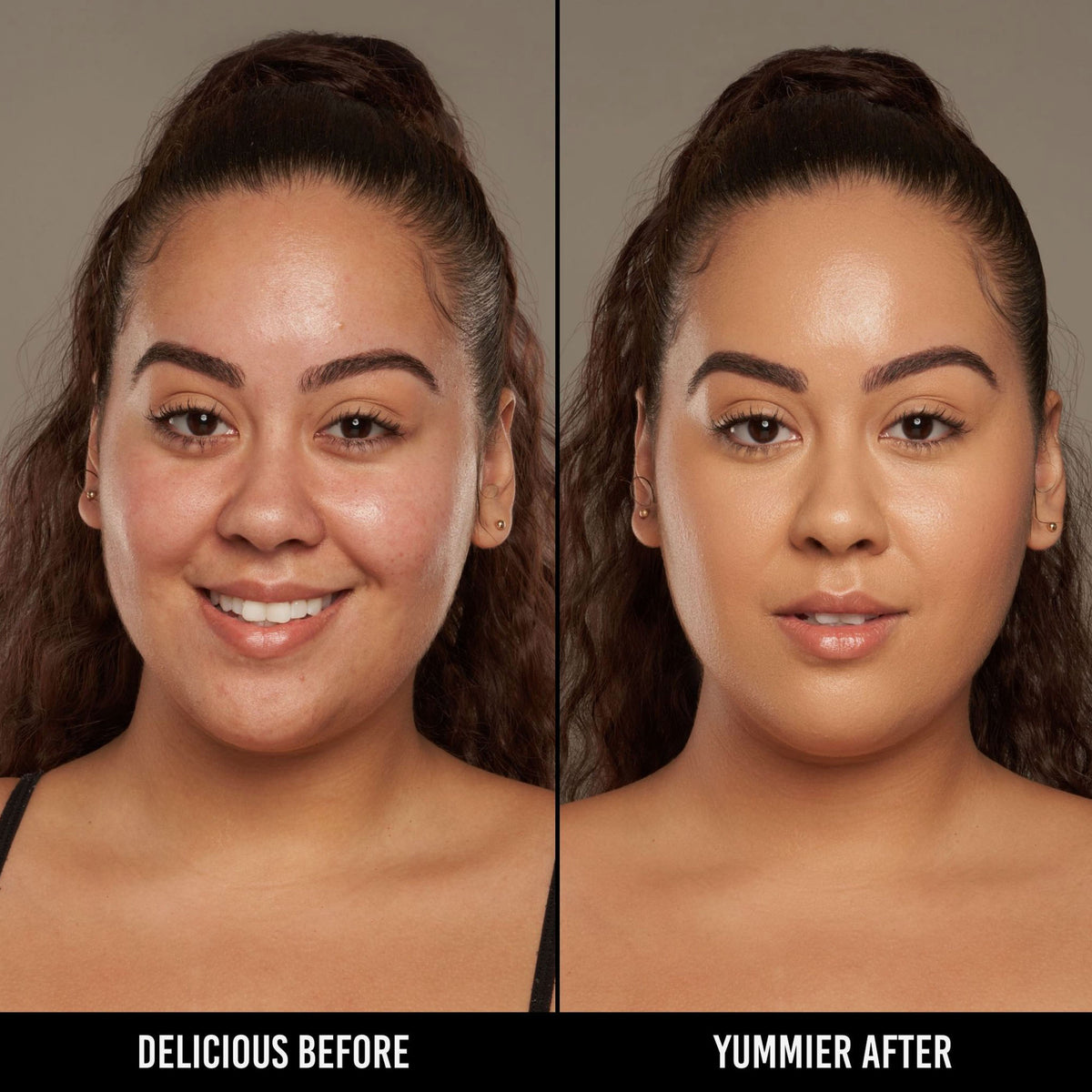 Vorher-Nachher-Bild einer Frau mit hell bis mittlerem Hautton nach Anwendung der Yummy Skin Serum Foundation 8P – sichtbar ebenmäßiger Teint.