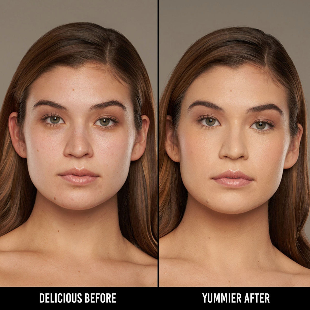 Vorher-Nachher-Bild einer Frau mit hell bis mittlerem Hautton nach Anwendung der Yummy Skin Serum Foundation 6N – sichtbar ebenmäßiger Teint.