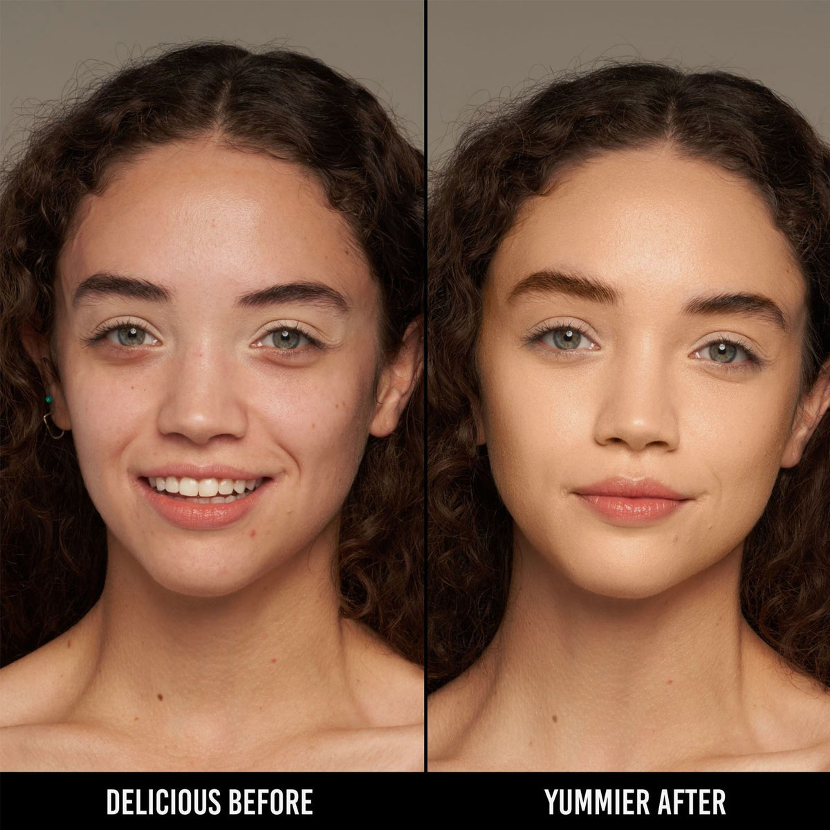 Vorher-Nachher-Bild einer Frau mit hell bis mittlerem Hautton nach Anwendung der Yummy Skin Serum Foundation 5G – sichtbar ebenmäßiger Teint.