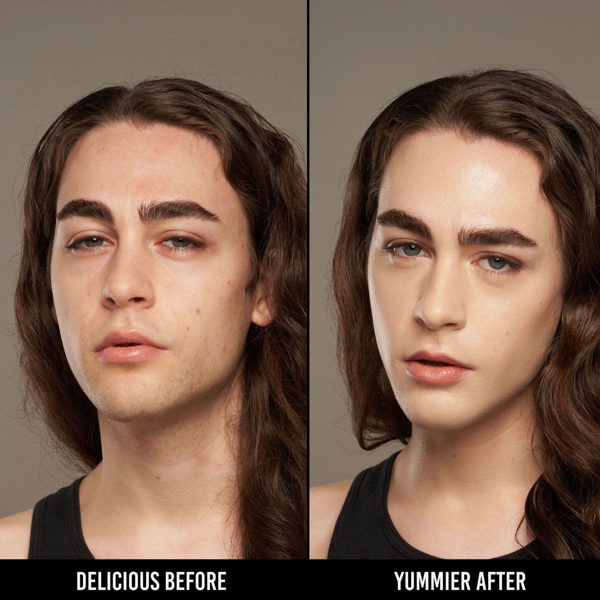 Vorher-Nachher-Bild einer Person mit hellem Hautton nach Anwendung der Yummy Skin Serum Foundation 4N – sichtbar ebenmäßiger Teint.