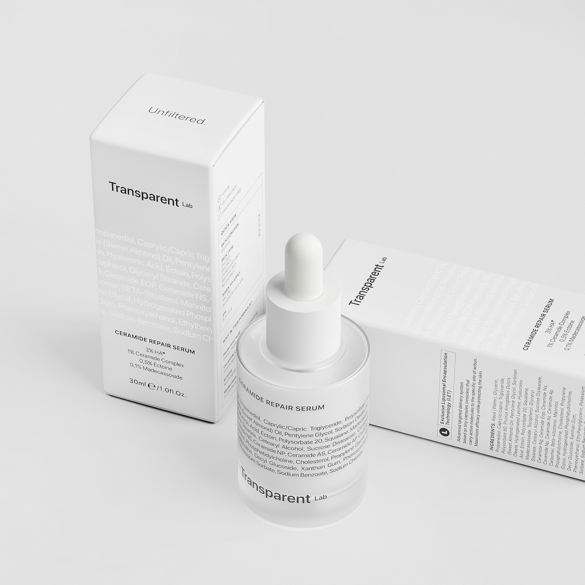 Weiße Flasche mit Hautpflegeserum und Pipette, neben der Verpackungsschachtel mit der Aufschrift „Ceramide Repair Serum“.