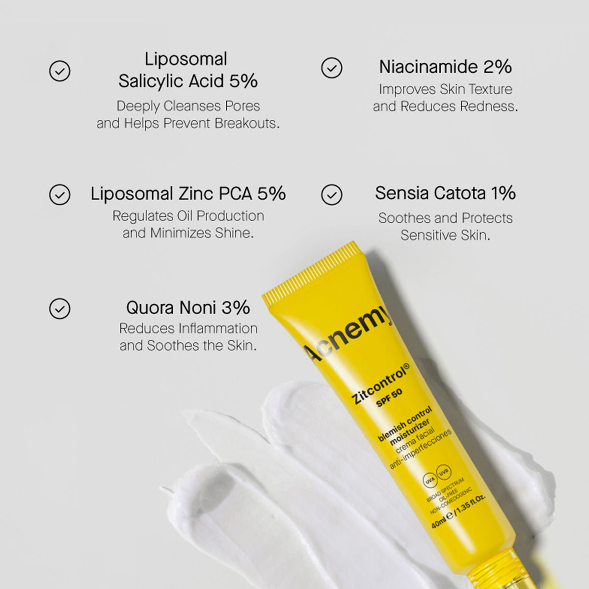 Gelbe Tube Zitcontrol liegt auf Cremestreifen auf weißem Hintergrund, darüber Infos zu Inhaltsstoffen