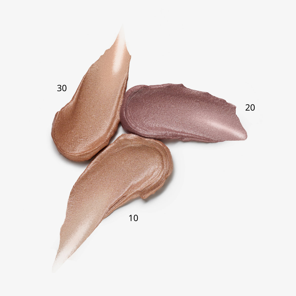 Drei Farbswatches der BABY GOT GLOW liquid highlighter auf weißem Hintergrund.