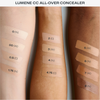 Arm-Swatches der Lumene CC Concealer Shades von 0 bis 9 auf heller, mittlerer und dunkler Haut, sortiert nach Unterton und Intensität.
