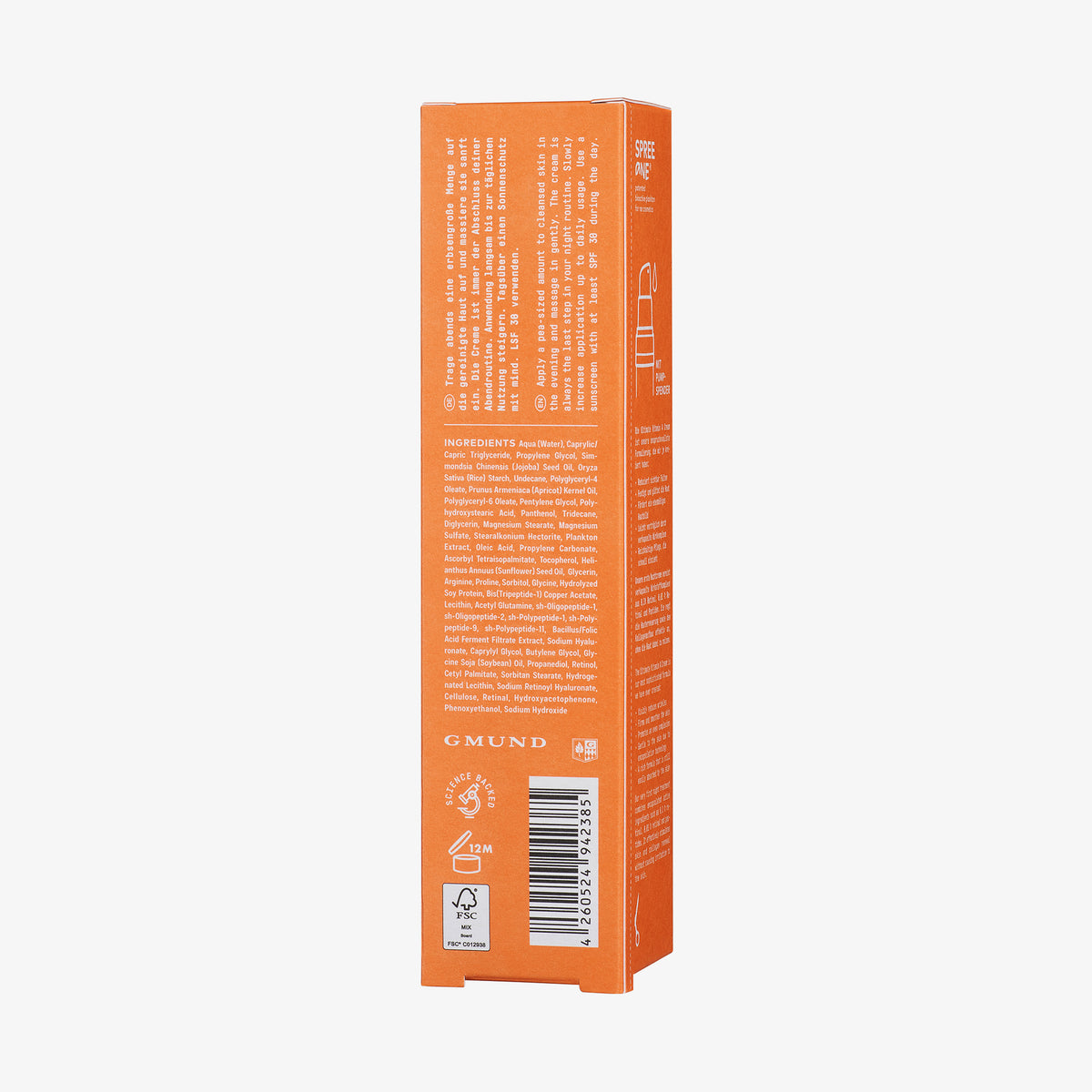 Eine orangefarbene rechteckige Schachtel von Nø Cosmetics renew tønight Ultimate Vitamin A Cream mit Text, Strichcode und Symbolen auf der Seite vor einem weißen Hintergrund.