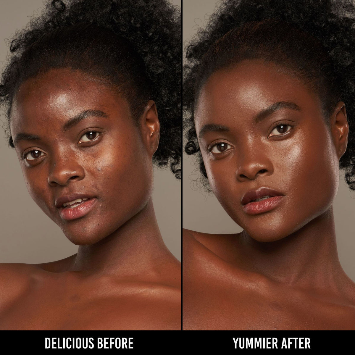 Vorher-Nachher-Bild einer Frau mit dunklem Hautton nach Anwendung der Yummy Skin Serum Foundation 24W – sichtbar ebenmäßiger Teint.