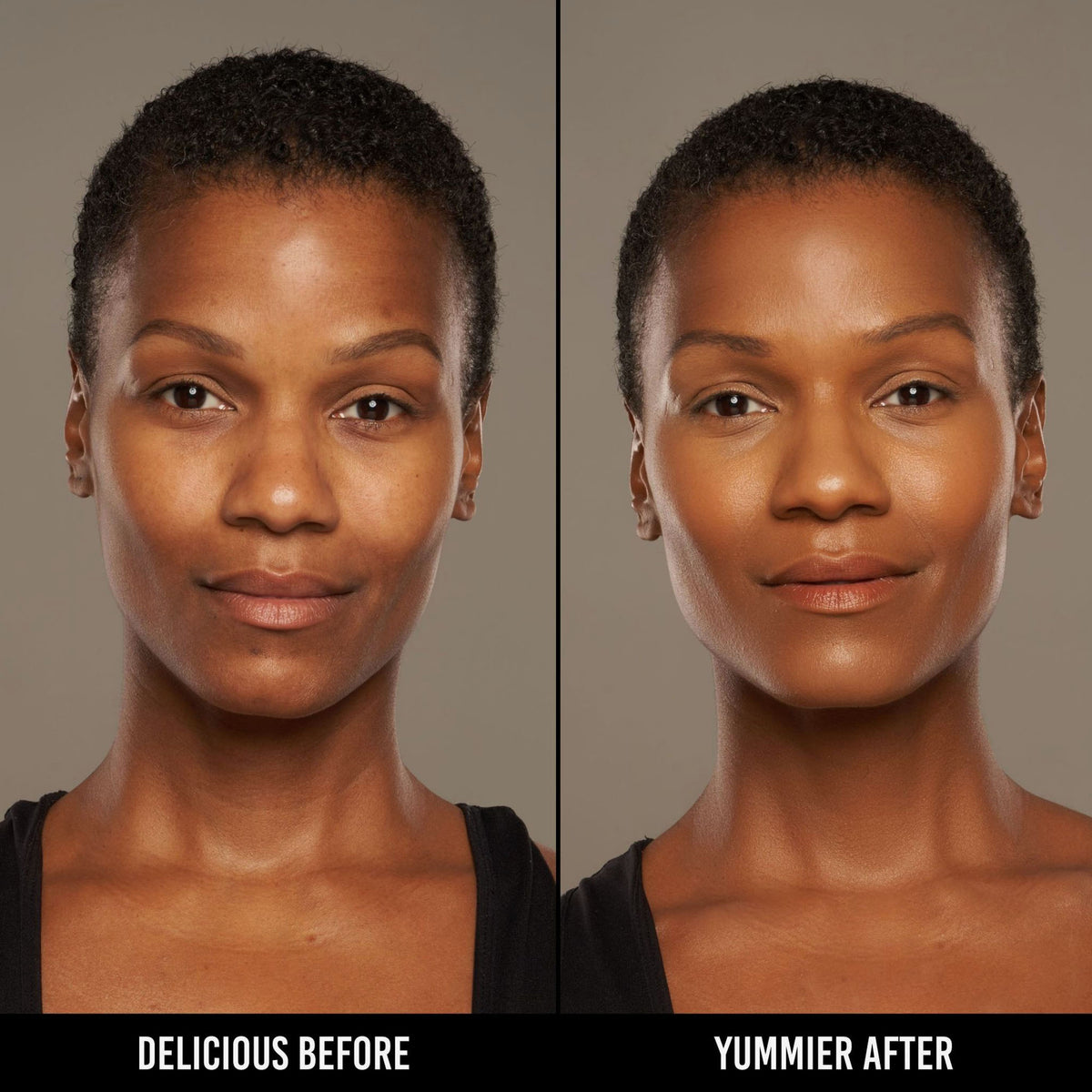 Vorher-Nachher-Bild einer Frau mit dunklem Hautton nach Anwendung der Yummy Skin Serum Foundation 18G – sichtbar ebenmäßiger Teint.