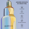 Tropfflasche Youth Juice Collagen Scalp Treatment mit gelbem Serum; daneben Produktvorteile auf blauem Hintergrund.