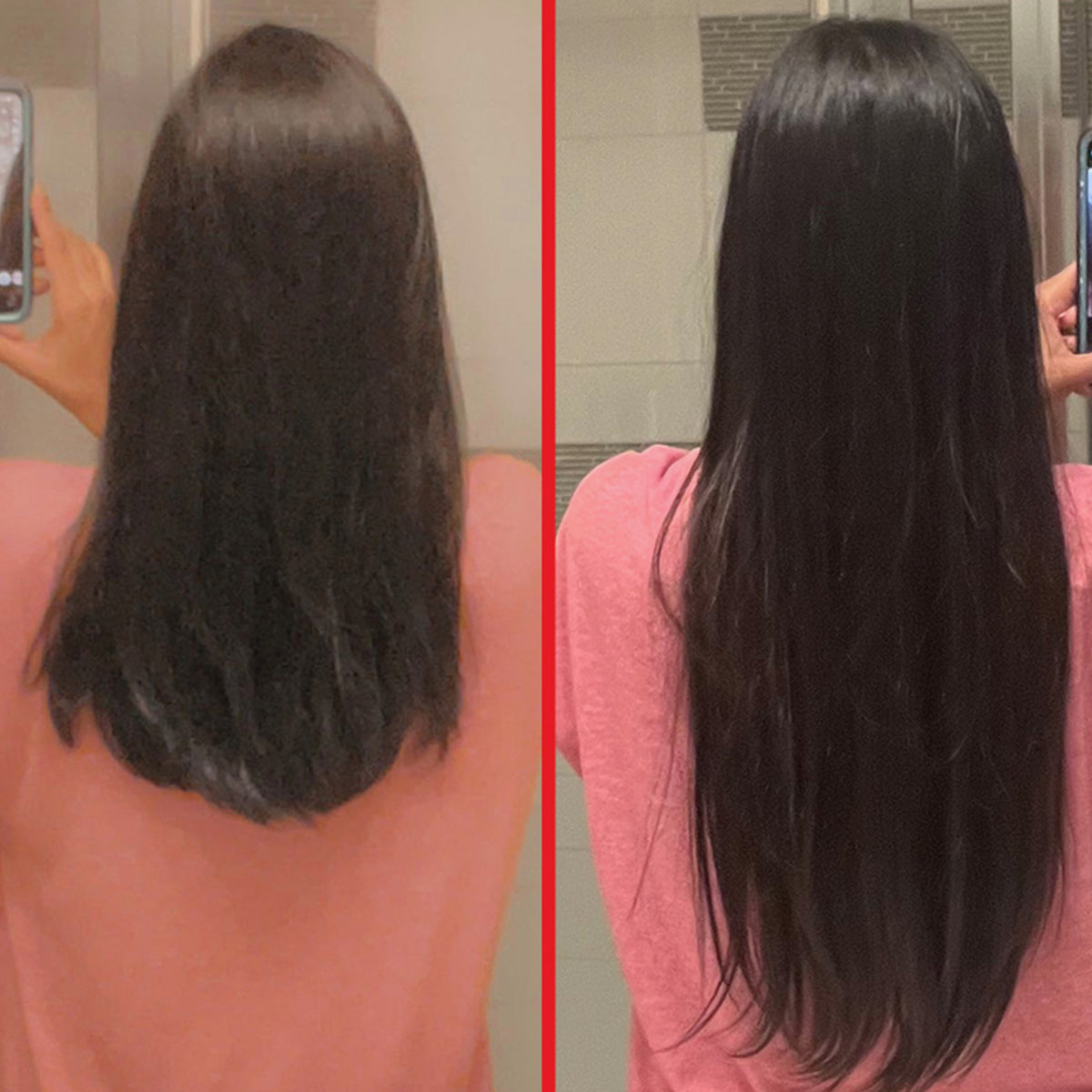 Vorher-Nachher-Bild der Haare einer Frau, links kürzer und rechts sichtbar länger, nach regelmäßiger Anwendung des HAIRtamin Advanced Formula.