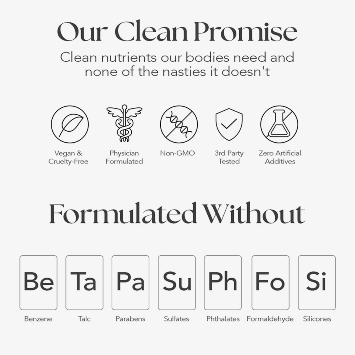 Das saubere Versprechen des Peptide Dry Shampoo: vegan, von Ärzten entwickelt, gentechnikfrei, frei von Benzol, Talk, Parabenen und Sulfaten.