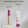 Lumene CC Concealer und CC Cream nebeneinander auf weißem Podest, beworben als Duo für ebenmäßigen Teint in zwei Schritten.