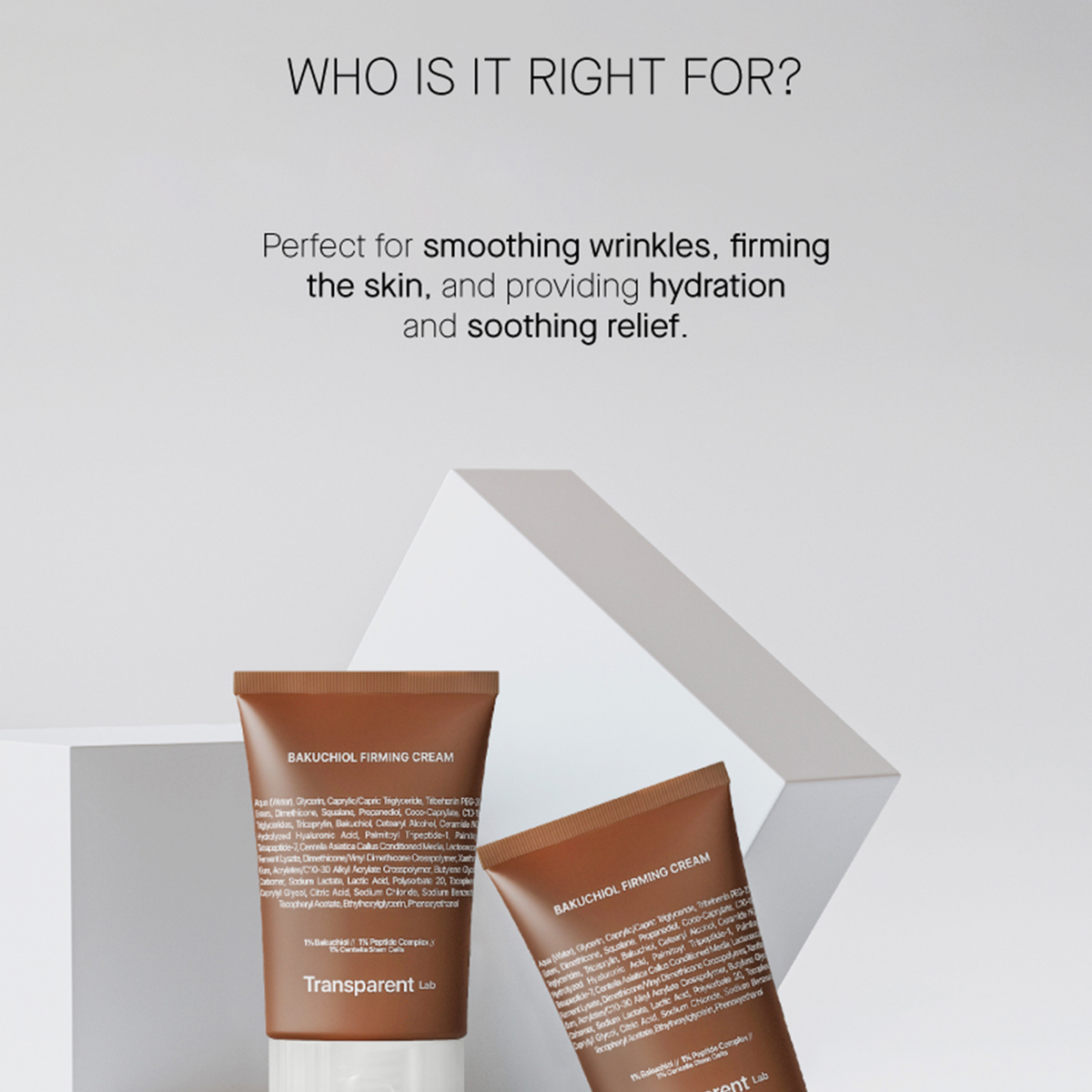 Ein Paar Tuben der straffenden Bakuchiol-Creme, präsentiert auf einem geometrischen Hintergrund mit Text, der die Produktvorteile hervorhebt.