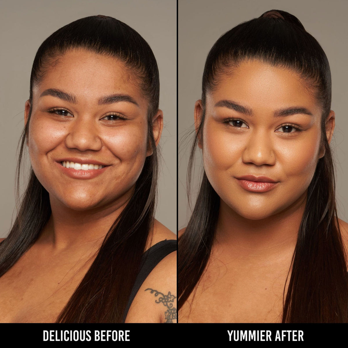 Vorher-Nachher-Bild einer Frau mit mittlerem Hautton nach Anwendung der Yummy Skin Serum Foundation 14W – sichtbar ebenmäßiger Teint.