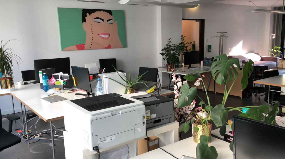 Modernes Großraumbüro der PURISH GmbH mit Pflanzen, Schreibtischen, Drucker, buntem Wandbild und gemütlicher Sitzecke.