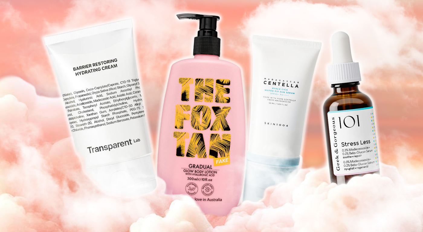 Vier Hautpflegeprodukte vor rosa Wolken: Hydrating Cream, The Fox Tan Lotion, Centella Sun Serum und Stress Less Serum.