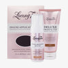 Selbstbräuner-Set von Loving Tan mit Bräunungshandschuh, Mousse in „Medium“ und Gradual Tan Lotion in „Dark“, vor weißem Hintergrund.