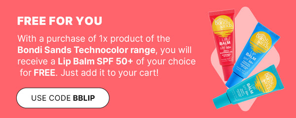 Free Bondi Sands SPF 50+ Lip Balm with purchase of 1 Technocolor product. Three colorful tubes shown. Use code: BBLIP.