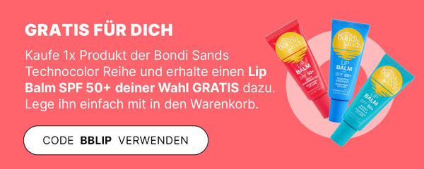 Korallenfarbener Banner: Gratis Bondi Sands Lip Balm SPF 50+ deiner Wahl beim Kauf, Code BBLIP in weißem Button.