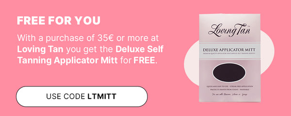 Free Deluxe Self Tanning Applicator Mitt from Loving Tan with purchases over €35 from Loving Tan – promo code LTMITT on pink background.