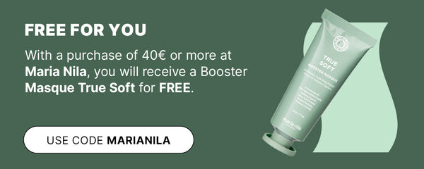 Free Maria Nila Booster Masque True Soft with 40€+ purchase. Use code MARIANILA. Green background with product image.