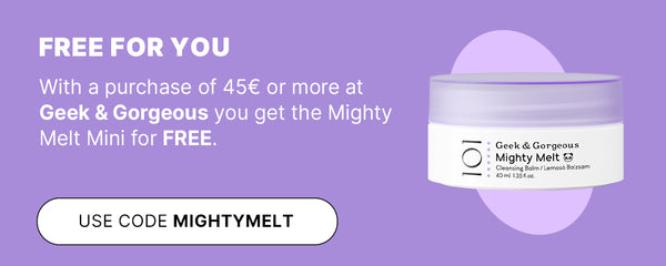 Free Geek & Gorgeous Mighty Melt Mini with €45+ purchases from Geek & Gorgeous – use code MIGHTYMELT, lavender background with product jar.