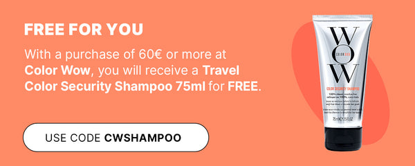 Free Color Wow Color Security Shampoo 75ml with €60+ purchase. Silver tube on orange background. Code: CWSHAMPOO.