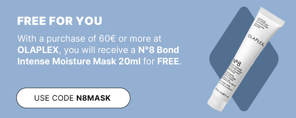 Free Olaplex No.8 Moisture Mask 20ml with €60+ purchase at Olaplex. Light blue background, white tube product shown, code N8MASK.