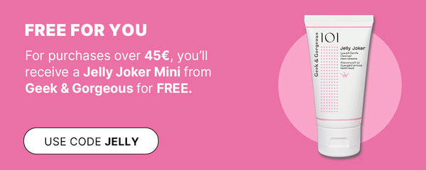 Free Jelly Joker Mini from Geek & Gorgeous with €45+ purchases from Geek & Gorgeous – use code JELLY, pink background with product tube shown.
